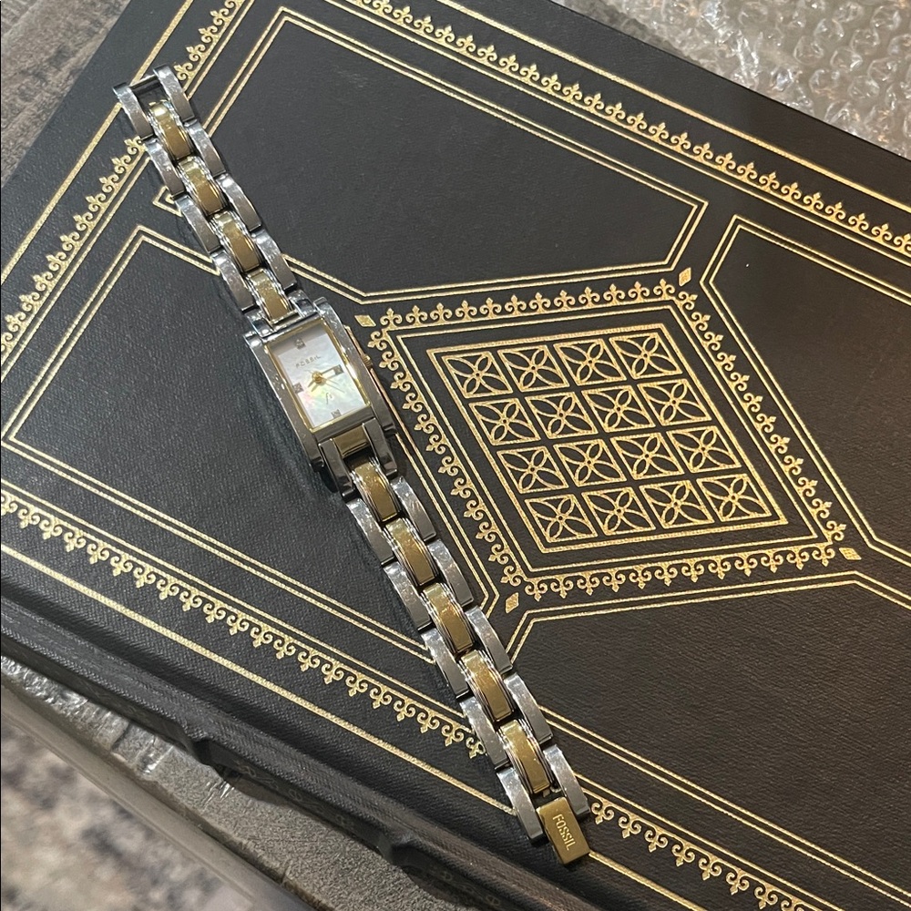 Fossil Two-Tone Silver and Gold Rectangular Link Bracelet Watch